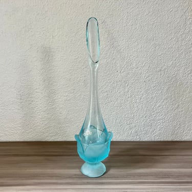 Vintage Mid Century Modern Aqua blue Viking Cabbage Leaf Crystal Satin Glass Swung Bud Vase 