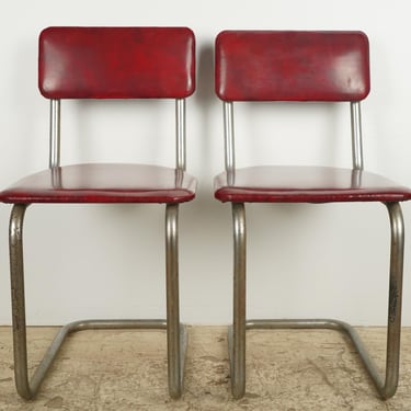 Pair of Mid Century Steel Tube Red Vinyl Dining Chairs