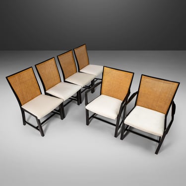 Set of Six (6) Ebony Lacquered Dining Chairs with Cane Backs by Michael Taylor for Baker Furniture, c. 1960s 