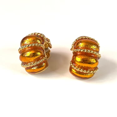 Vintage Gold Enamel Shrimp Earrings, Gold Clip On Earrings, Vintage Hoop Earrings, Metallic Gold Toned Earrings,  80s Retro Earrings 