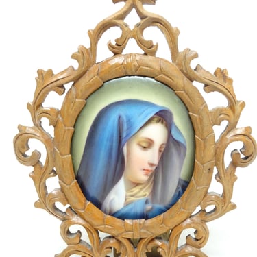 Antique German 1890 Hand Painted Miniature Portrait of Saint Mary in Hand Carved Wooden Frame, Vintage Madonna Painting, Germany 
