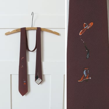 mens vintag 1950s cowboy western tie • handprinted brown crepe novelty neck tie 