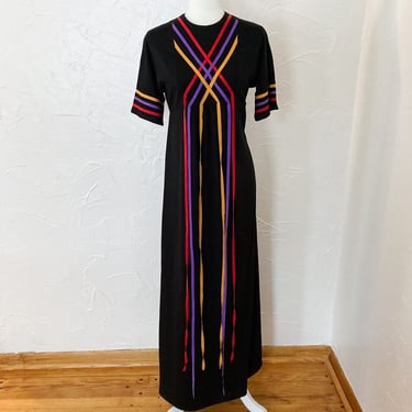70s Amazing Black Disco Ribbon Streamer Maxi Dress | Small/Medium 