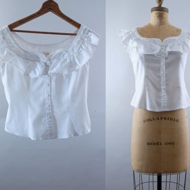 70s Gunne Sax Jessica’s Gunnies Blouse – Small - White Sleeveless Ruffle Prairie Top – Lace Trimmed Romantic Cottagecore 