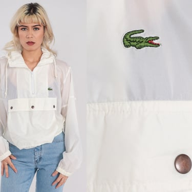 80s Lacoste Jacket Hooded Windbreaker Semi-Sheer White Nylon Pullover Quarter Zip Hoodie Crocodile Shell Coat Vintage 1980s Hood Medium M 