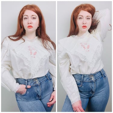 1980s Vintage Cream Lady Shapely Victoriana Blouse / 80s / Bib Collar Pink Floral Embroidered Prairie Blouse / XL 