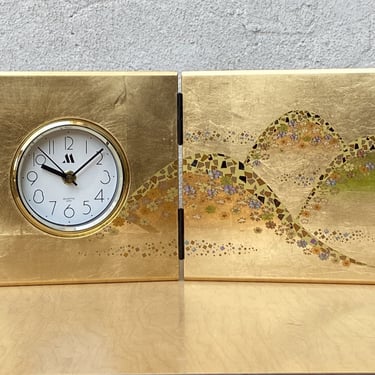 Japanese Gold Panel Desk Clock with Abstract Mountain Scene 