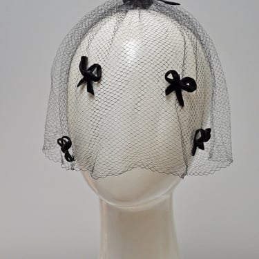 1950s black hair net veil with black bows 