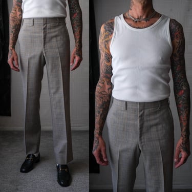 Vintage 70s Baby Blue & Tan Tartan Plaid High Waist Flare Leg Slacks | Wool Blend | Disco Era, Golf | 1970s Unlabeled Designer Mens Pants 