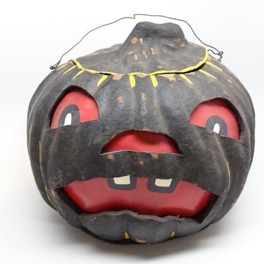 Antique Vintage Halloween 7 1/2 Inch Frowning Black Jack-O-Lantern with Scary Face, made with Pulp Paper Mache, Sneering JOL 