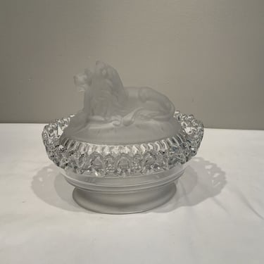 Imperial Glass LION Covered Candy Dish Atterbury with Lattice Edge, glass lion box, dining room candy dish, animal lidded dish, housewarming 
