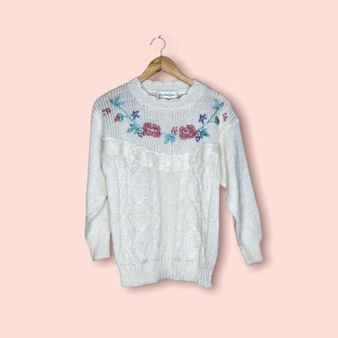 Vintage Alison Craig White Embroidered Rosette Floral Acrylic Sweater, Size XL 