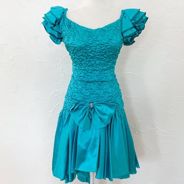 80s Turquoise Satin Sequined Flutter Sleeve Party Dress | Extra Small/Small 