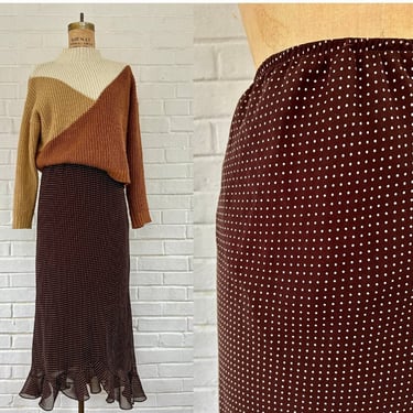 Size 10/12 - Y2K Chocolate Polka Dot Slinky Flared Skirt 