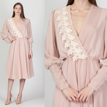 80s Blush Pink Bishop Sleeve Dress - Medium | Vintage Ursula Of Switzerland Crochet Lace Trim Fitted Waist Midi Dress 
