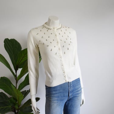 60s Beaded White Orlon Cardigan - XS/S 