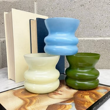 Vintage Vase Set Retro 1970s Mid Century Modern + Glass + Set of 3 + Baby Blue + Cream + Green + Flower or Plant Display + MCM + Home Decor 