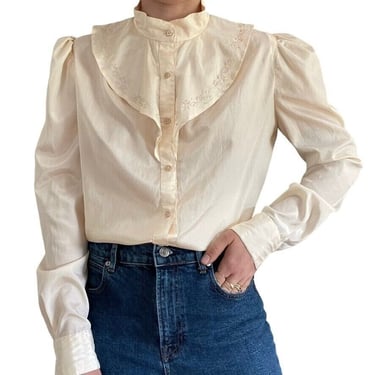 Vintage 80s Womens 100% Silk White Ruffle Collar Floral Light Academia Blouse 