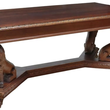 Antique Table, Carved Lion, Italian Renaissance Revival, Stretcher, Early 1900s!