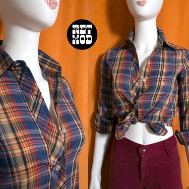 Simple Chic Vintage 70s Blue Brown Plaid Collared Button Down Long Sleeve Cotton Shirt 