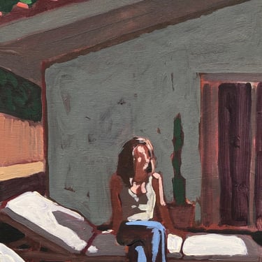Back Yard - Original Acrylic Painting on Wood Panel 9 x 12, unique, michael van, small, gallery wall, southwestern, woman, sunlit, seated 