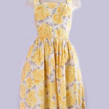 50's Yellow Roses Print LANZ Sun Dress Vintage 1950's, 1960's, Medium, Tea Length Full Skirt, Mid Century Day Dress, Fit & Flare Rockabilly 