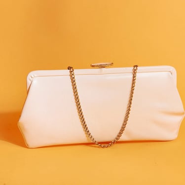 70s White Embossed Textured Gold Chain Clutch Vintage Rectangular Strappy Leather Purse 