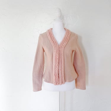 80s Yarn Looped Collar Open Front Light Pink Wool Jacket | Extra Small/Small 