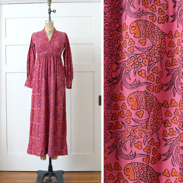 vintage 1970s indian cotton maxi dress • bight pink & orange empire waist fish and floral print 
