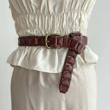 brown braided leather belt 90s vintage brown woven leather statement belt 