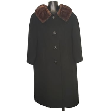 VINTAGE 1960s Woodward & Lothrop Overcoat, Black Wool Brown Fur Collar Glamour Pinup Swing Coat, Holiday New Year Car Coat, Vintage Clothing 