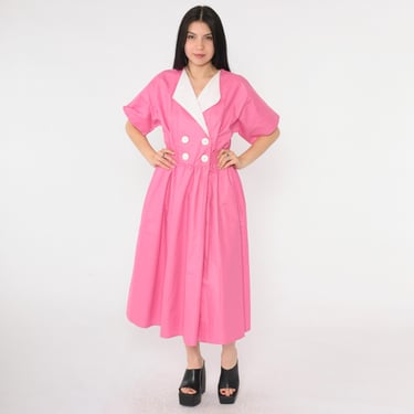 Vintage Pink Dress 80s Midi Cotton Poly Poplin White Lapel Collar Double Breasted High Elastic Waist Full Skirt 1980s Short Sleeve Small 