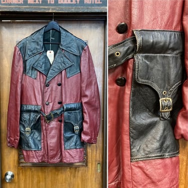 Vintage 1970’s Burgundy x Black Pimp Rocker Belted Leather Jacket, 70’s Leather Jacket, Vintage 3/4 Length, Vintage Clothing 
