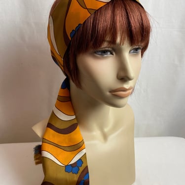 VTG 60’s psychedelic print scarf Peter max vibes head scarf neckerchief pussycat bow ascot style long thin earth tones androgynous 
