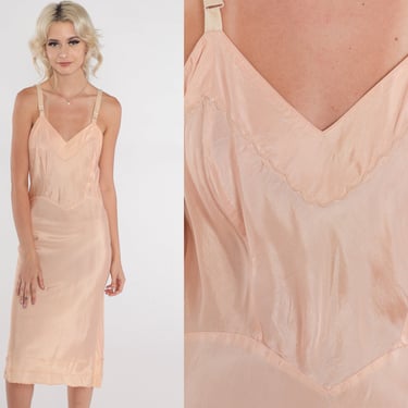 40s Slip Dress Peach Lingerie Nightgown Midi Dress Basque Waist Adjustable Strap Retro Intimates Semi-Sheer Vintage 1940s Medium M 36 