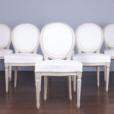 Antique French Louis XVI Style Provincial Painted Dining Chairs W/ White Boucle - Set of 6 