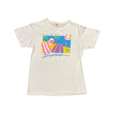(L) Vintage White Hawaiian Summer Hanes T-Shirt 042022 JF