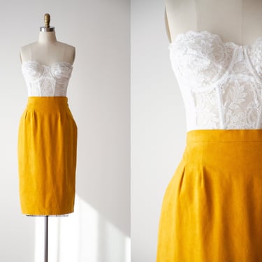 mustard yellow skirt | 80s 90s vintage golden yellow microsuede vegan faux leather skirt 