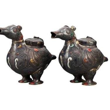 Pair of Antique Chinese Tibetan Silvered Bronze Hardstone Inlaid Zun Ritual Wine Vessels in Duck Form 