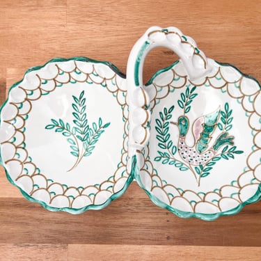 Mid Century Handmade Italian Ceramic Divided Dish. Scalloped Edge Ceramic Catchall Dish. 
