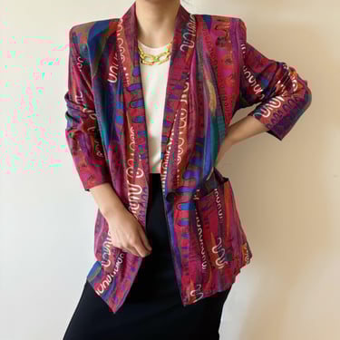vintage blazer pink blue purple brown abstract 80s retro vintage style vintage jacket oversize  boyfriend style long blazer outwear size S/M 
