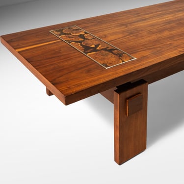 Mid-Century Modern Brutalist Coffee Table in Walnut with Burlwood Inlay by Lane, USA, c. 1970's 