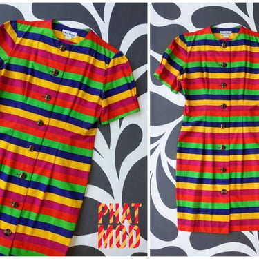 HAPPY Rainbow Vintage 80s 90s Stripe Cotton Short Sleeve Dress 