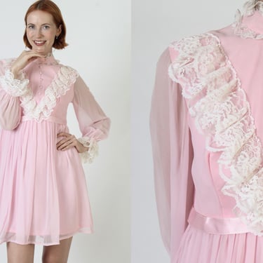 60s Pink Barbiecore Tuxedo Dress / Mod Cocktail Party Mini Frock / Vintage See Through Sheer Chiffon 