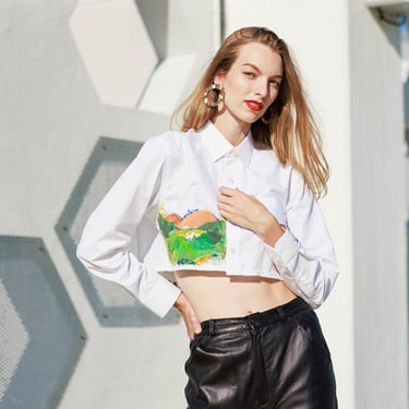 White Green Cotton Hand Painted Cropped Embroidered Blouse Vintage Abstract Painting Handmade Upcycled Crop Top 