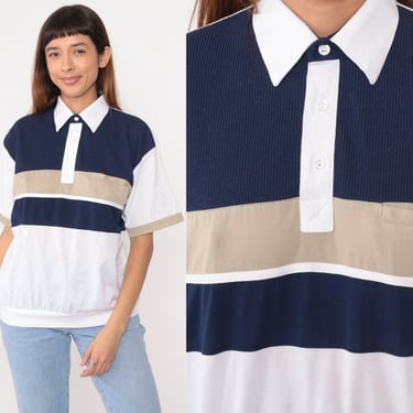 90s Striped Polo Shirt White Navy Blue Collared Shirt Retro Slouchy Short Sleeve Banded Hem Top Casual Blouse Preppy 1990s Vintage Medium 