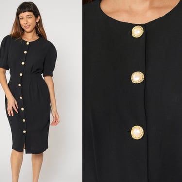 90s Black Button Up Dress Sheath Dress Midi Dress Puff Sleeve Pencil Dress Secretary Plain Classic Chic Vintage 1990s Medium 8 