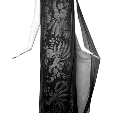 Galanos Black Embroidered Lace Gown Veiled with Chiffon Overlay and Train