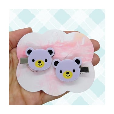 Cute Teddy Bear Hair Clip Set - Pastel Purple Acrylic Kawaii Bears Barrettes 