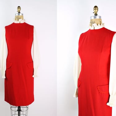 60s Anne Fogarty Wool Red Dress / Mod Dress / Vintage Red Dress / Holiday Dress /Size XS/S 